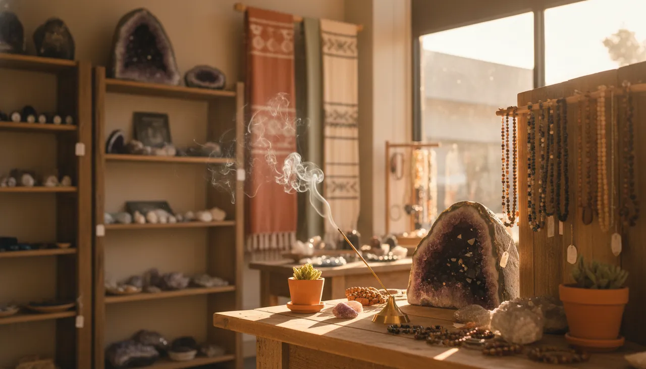 Sunlit metaphysical boutique interior with crystals, geodes, woven fair-trade textiles and a curl of incense smoke