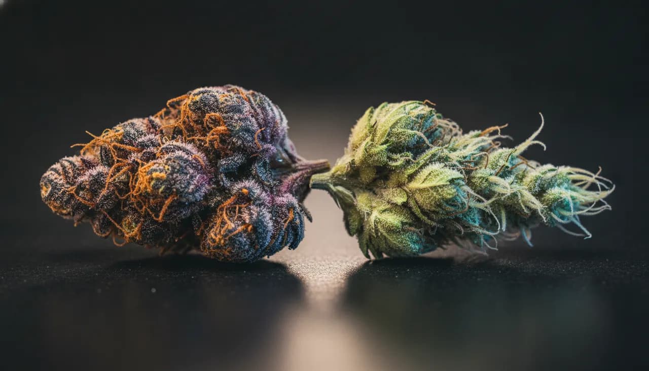 Macro of a purple indica bud and a lime-green sativa bud meeting and blending to illustrate hybrid cannabis, both frosted with trichomes