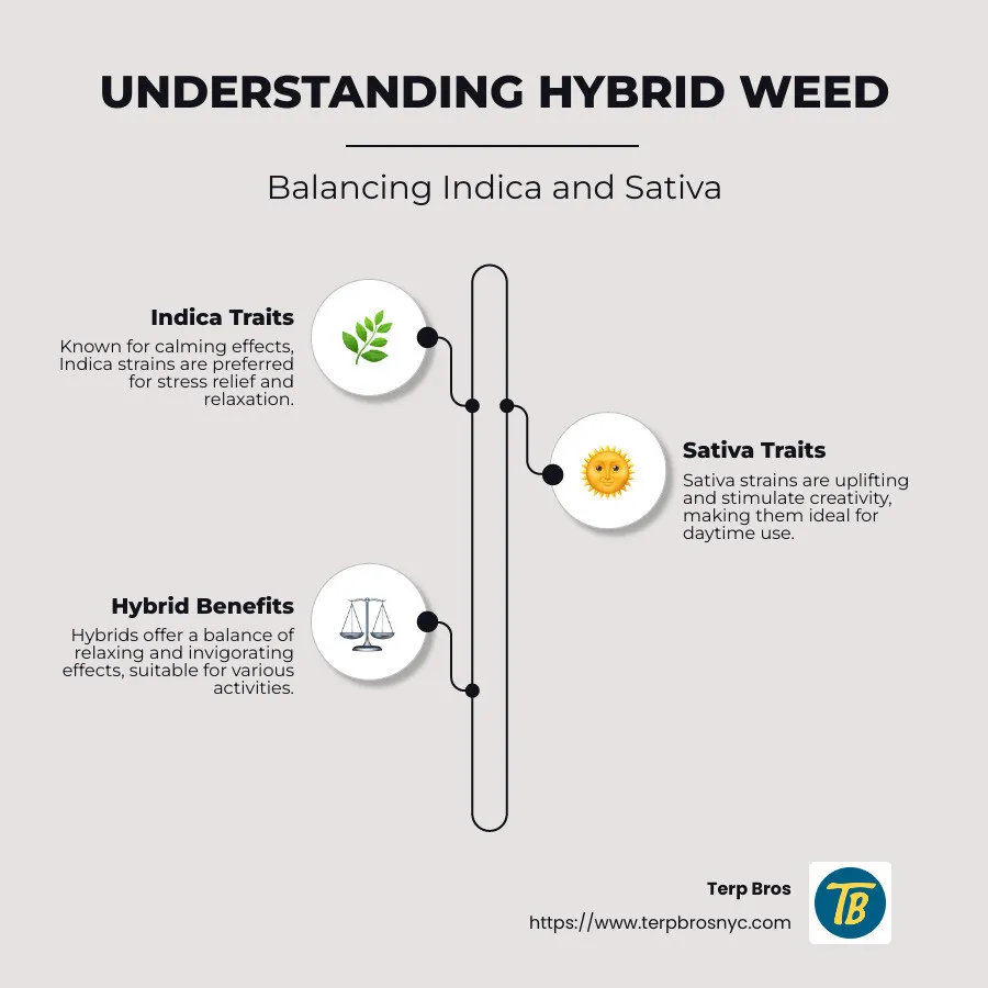 Detailed infographic on hybrid weed effects, including differences between indica and sativa characteristics, common hybrid strains, and recommended use times - hybrid weed infographic infographic-line-3-steps-neat_beige