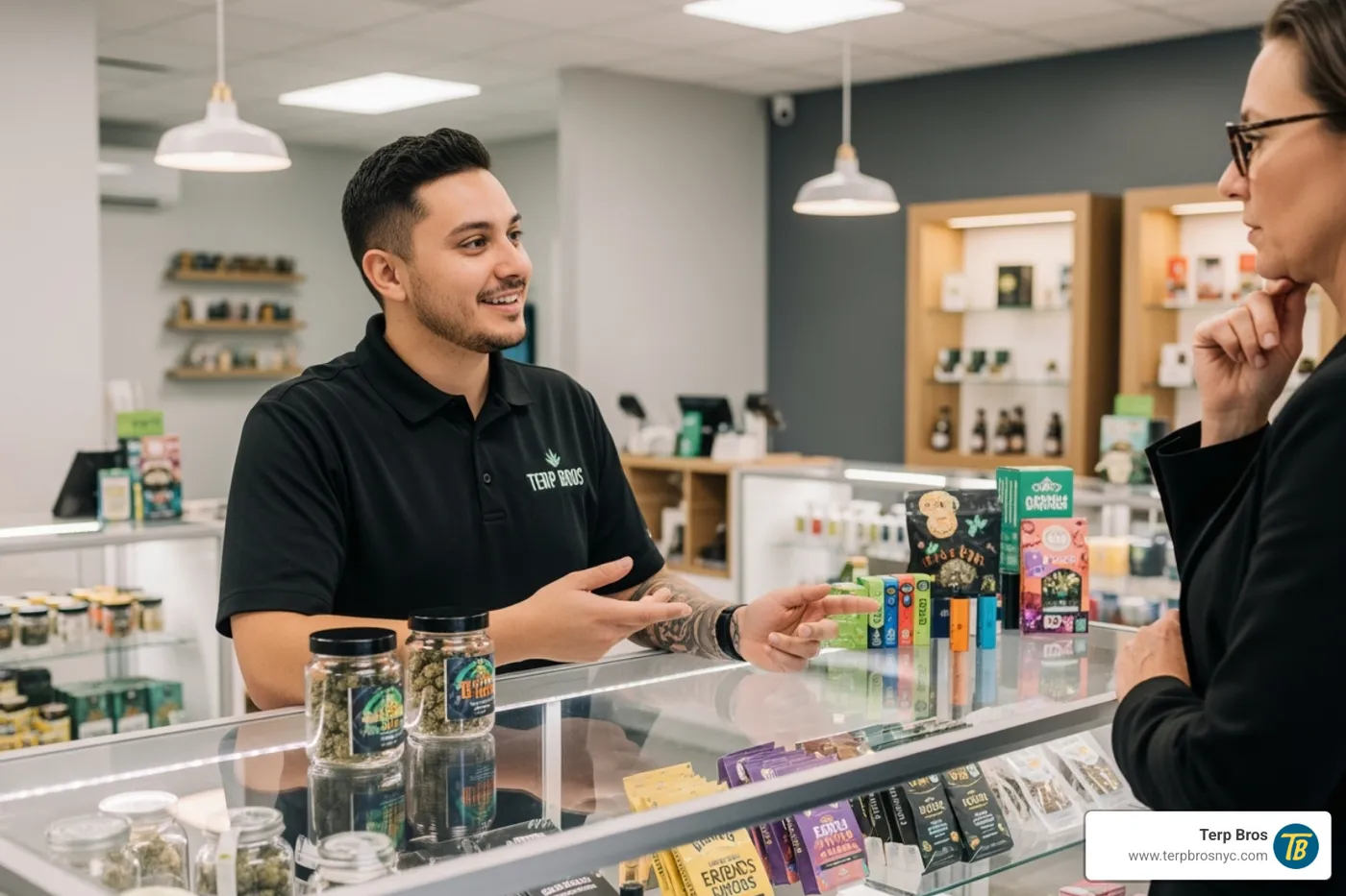Terp Bros staff member explaining products to a customer - jamaica legal weed shops