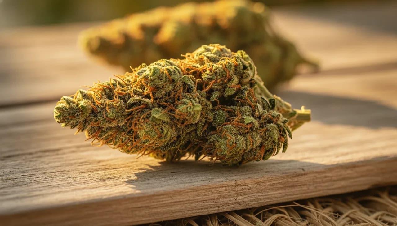 Sun-drenched lime-green sun-grown cannabis bud with orange pistils on weathered wood evoking Jamaican island vibes