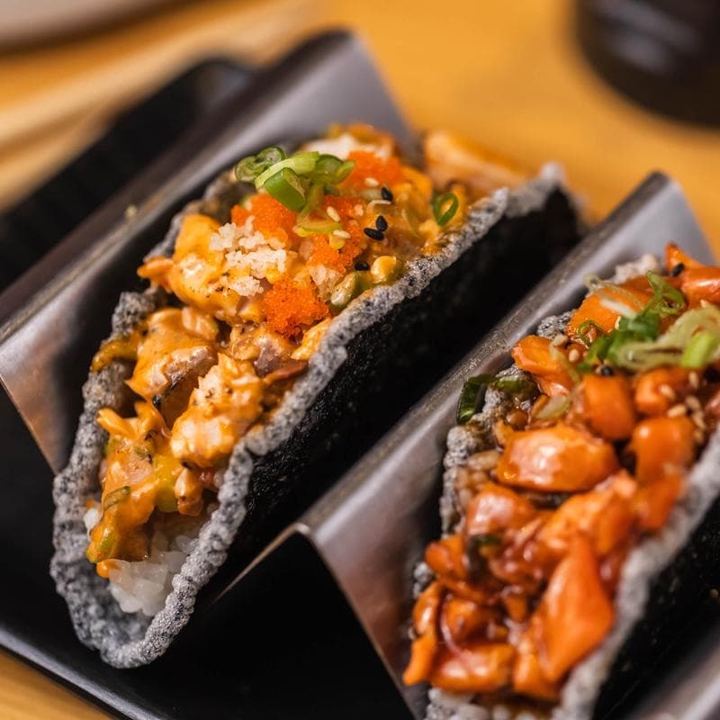 Hei Tiki sushi tacos with crispy fried nori shells and fresh fish in Astoria Queens