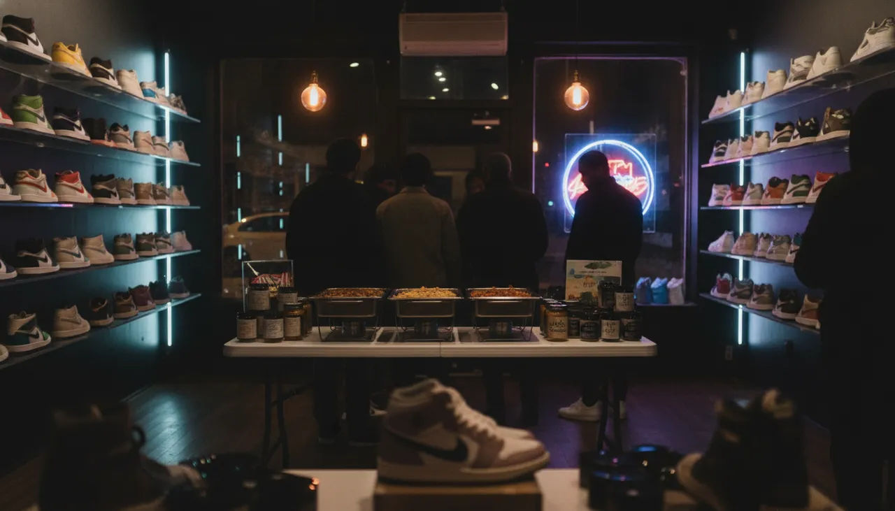Sneaker boutique event with backlit kicks, catered trays and cannabis vendor tables under warm pendant light and storefront neon in Jackson Heights