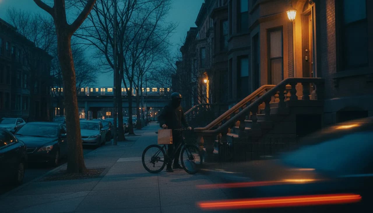 Cannabis delivery courier stepping off an e-bike with a sealed kraft bag at a Queens brownstone stoop at dusk