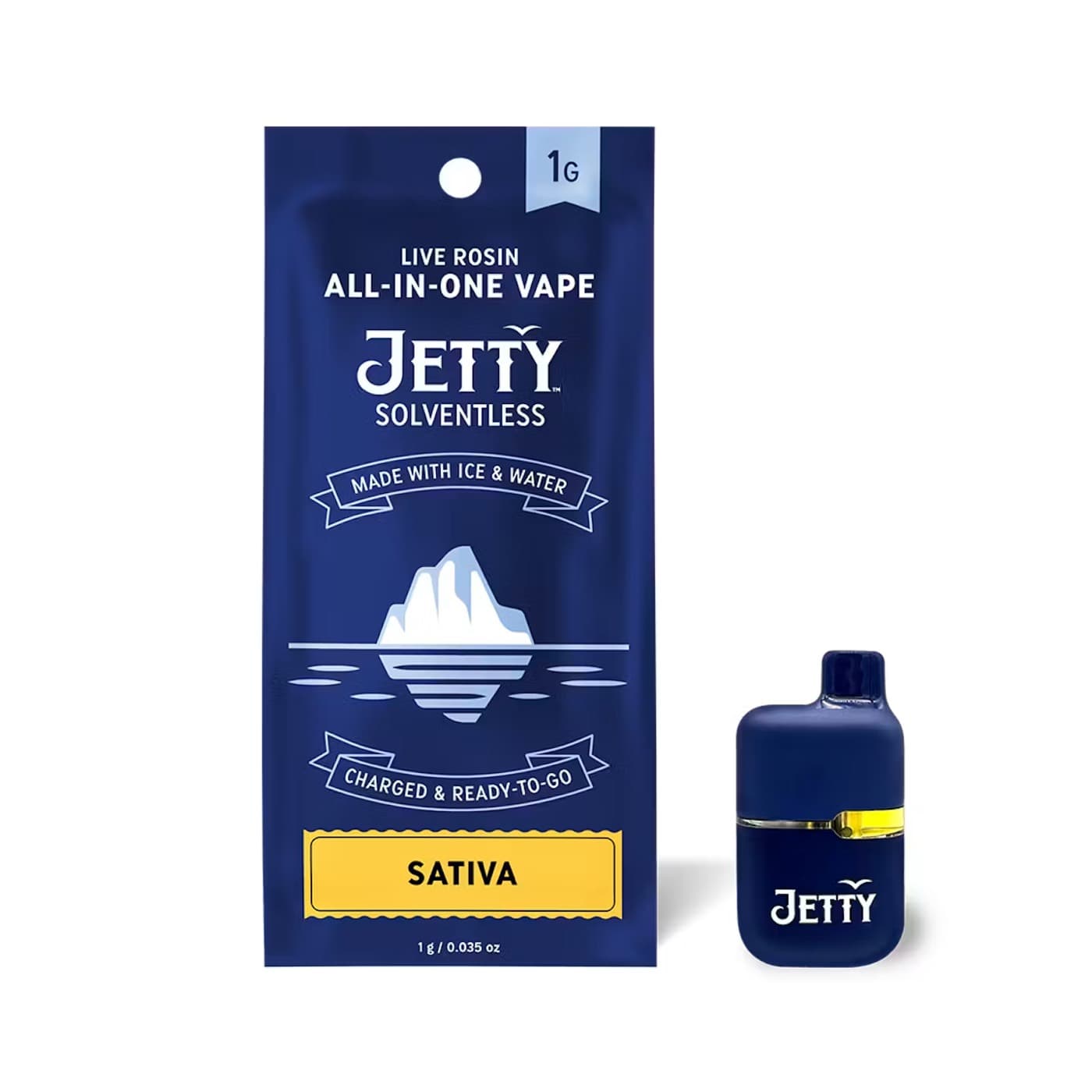 Jetty Solventless live rosin all-in-one 1g disposable vape in the navy iceberg packaging at Terp Bros Astoria