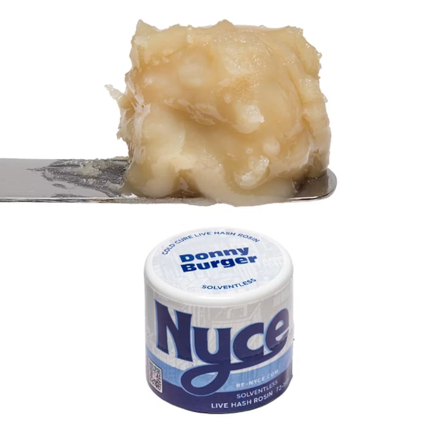 NYCE cold cure Donny Burger live hash rosin 1g jar with a dab of solventless rosin on a tool, available at both Terp Bros locations