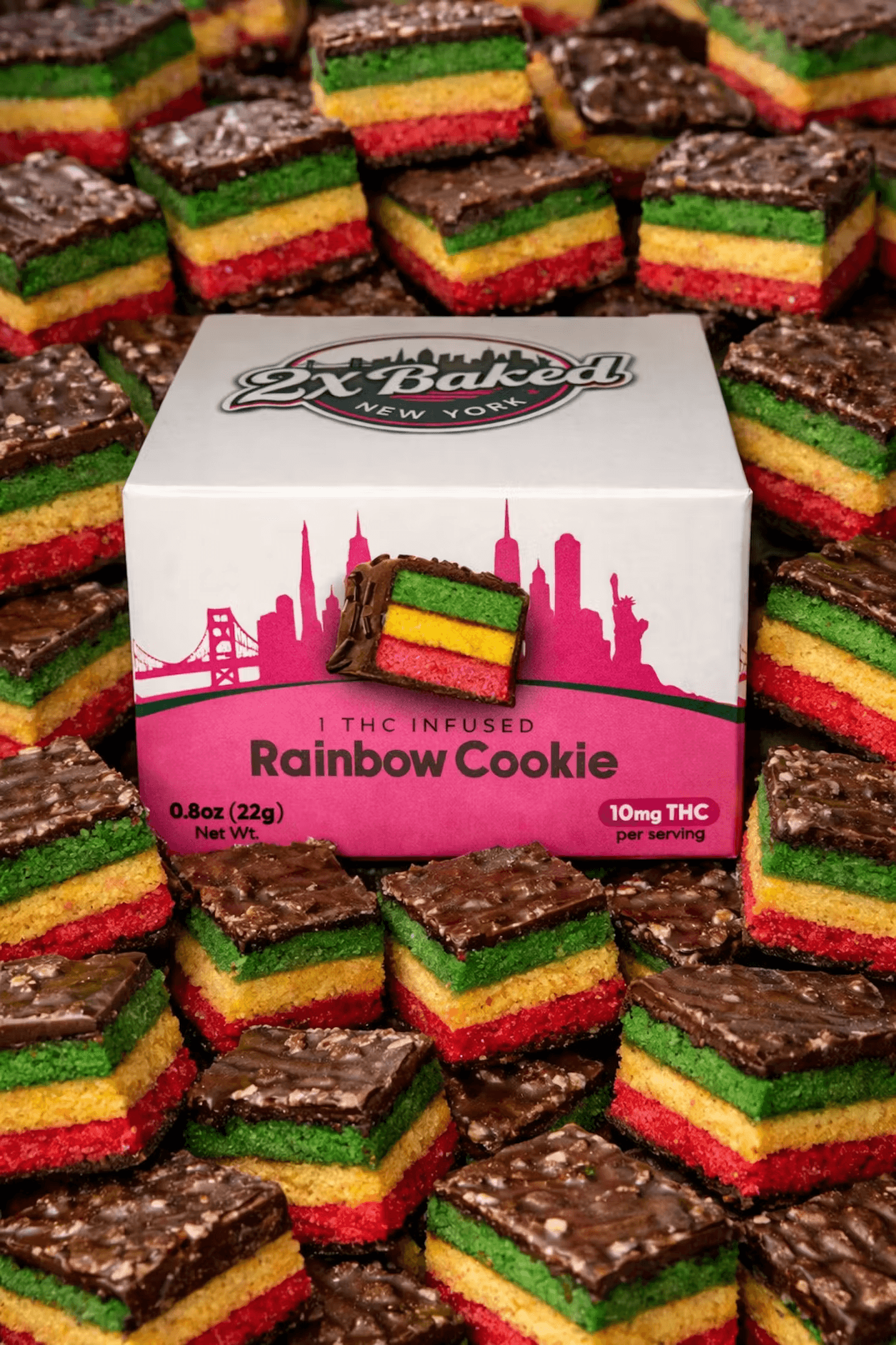 2x Baked Rainbow Cookie cannabis-infused NYC dessert stack with skyline-branded box