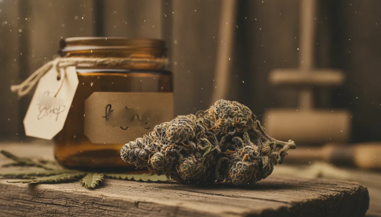 Macro of a frosted purple-green craft cannabis bud beside an open amber glass jar on reclaimed barn wood in warm farmhouse light