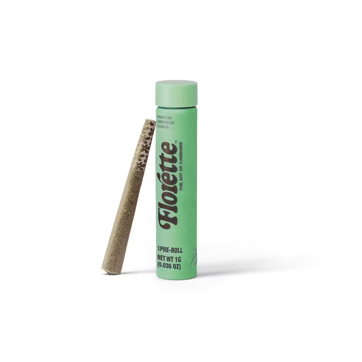 A Florette 1g pre-roll in its mint green tube, labeled Premium Cannabis Flower, standing beside the pre-roll itself