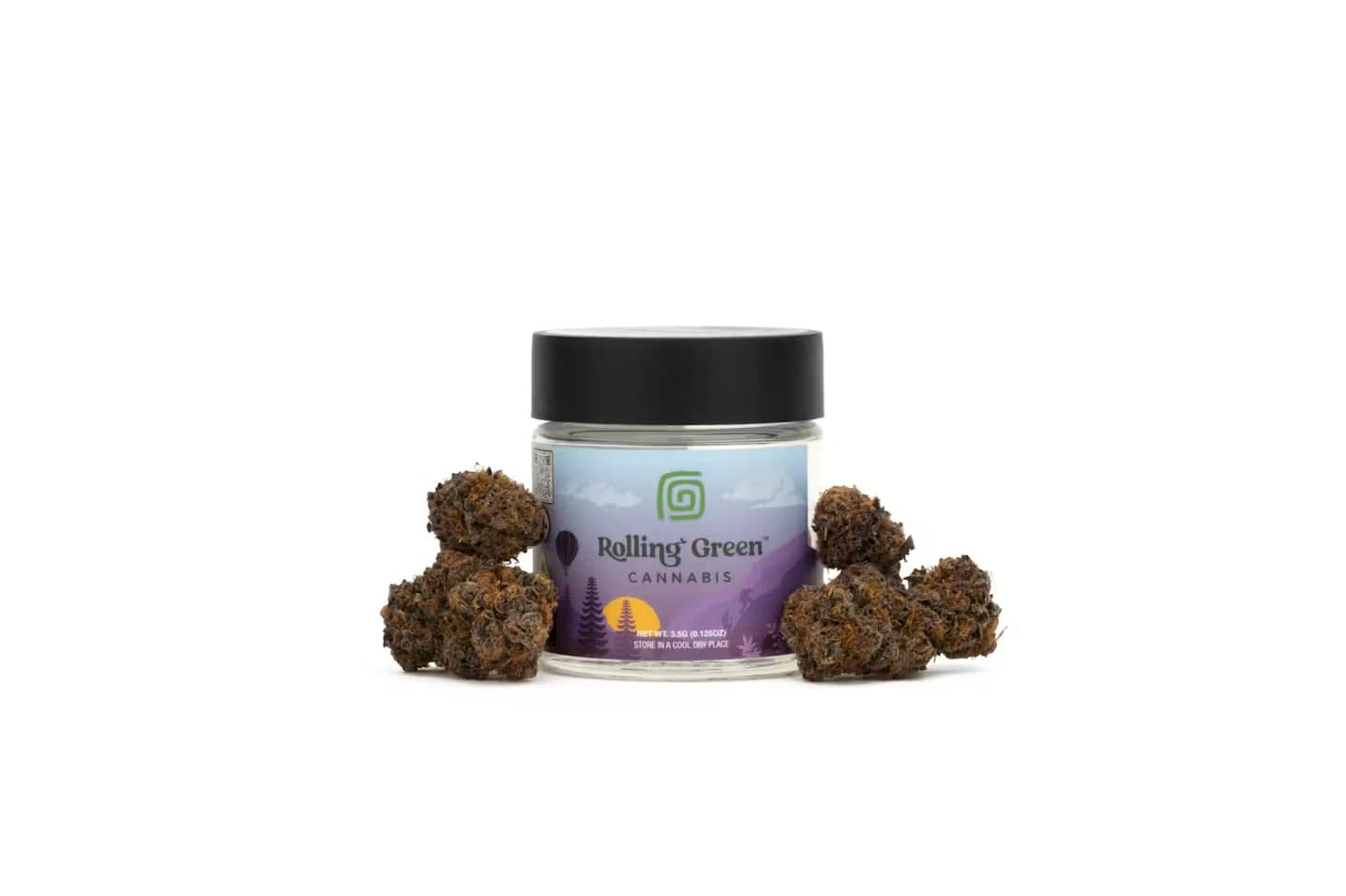 A Rolling Green Cannabis 3.5g flower jar with its purple sunrise label, ringed by dense cured buds, now on the shelf at Terp Bros Astoria