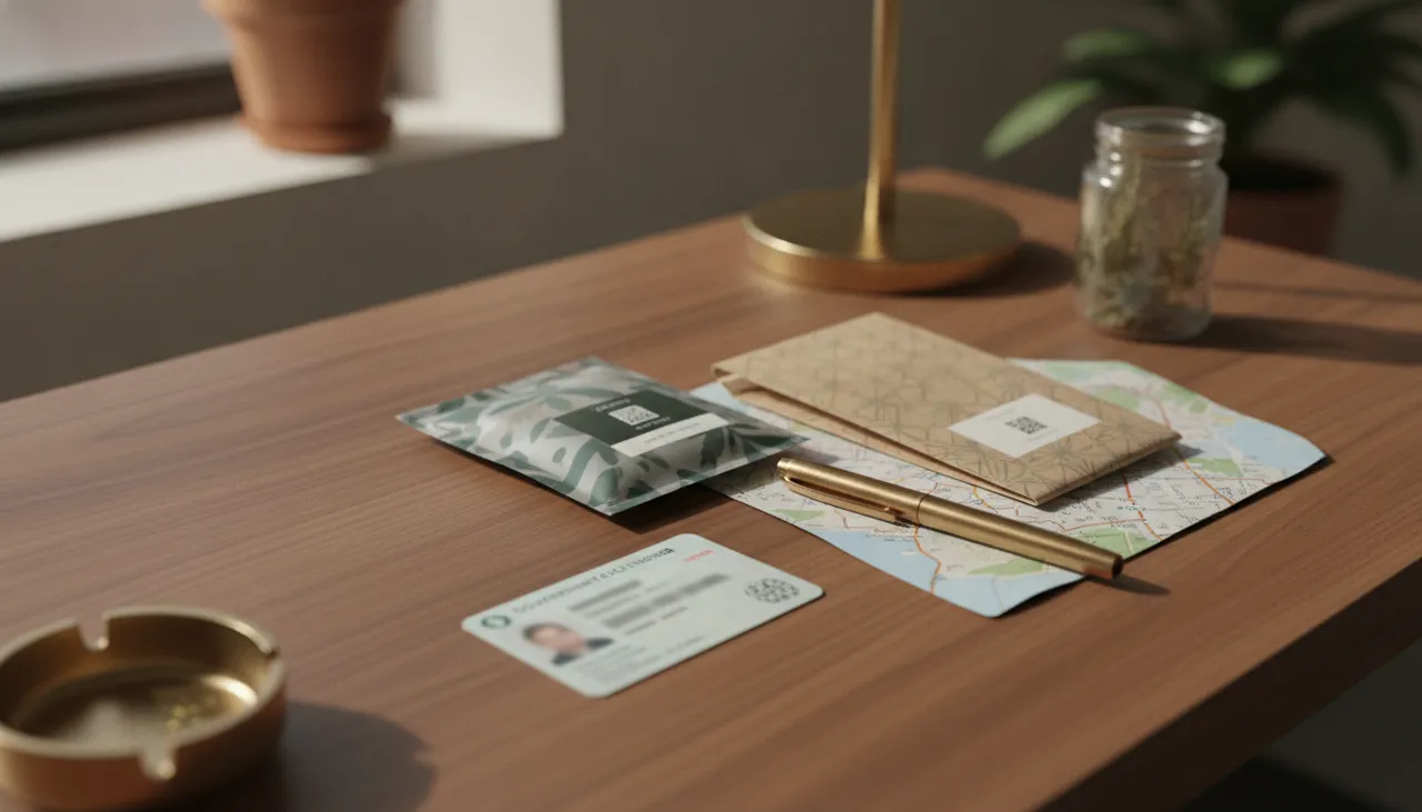 Flat-lay of a 21-plus ID, compliant cannabis package, Certificate of Analysis and New York map on a walnut desk illustrating 2026 NY cannabis law