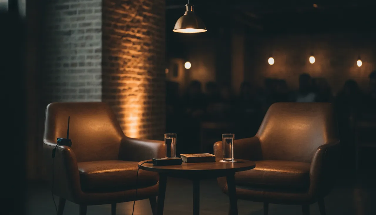 Two empty leather chairs under a warm spotlight set up for a cannabis-industry interview in a moody Queens venue