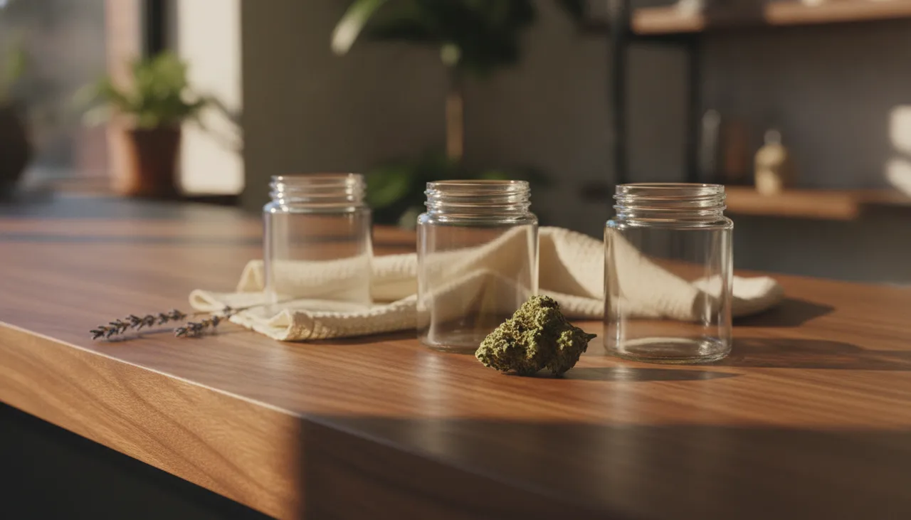 Three branded craft cannabis flower jars and a frosty olive-green nug on a warm walnut dispensary counter in morning window light
