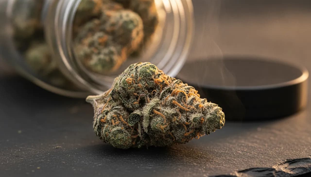Frosted deep-green Zizzle cannabis nug tipped from an open glass jar on dark slate with warm sidelight and visible aroma haze