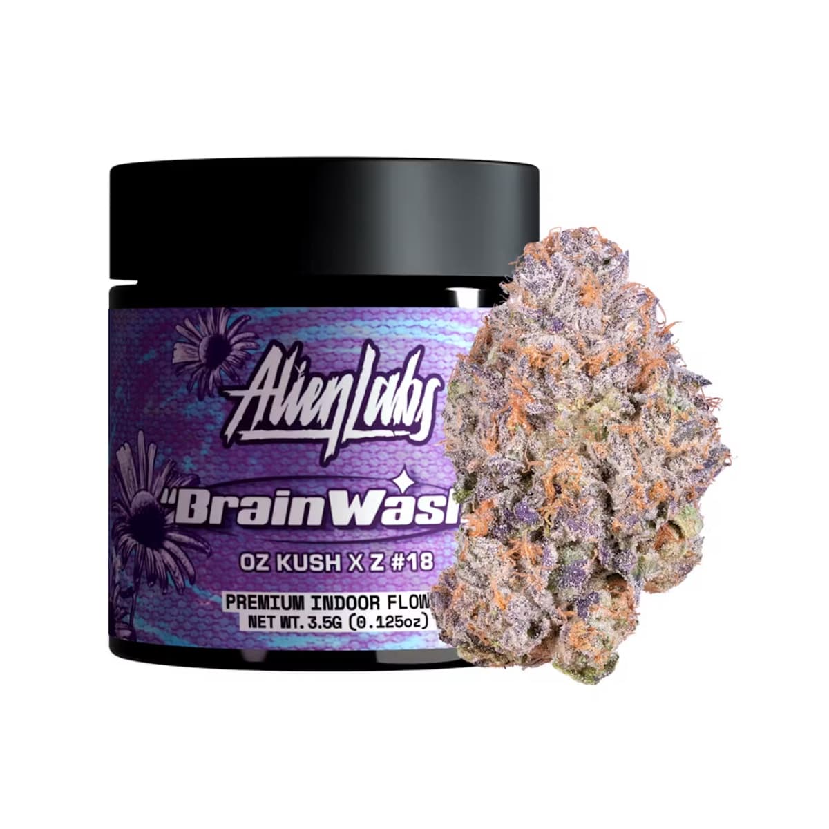 Alien Labs Brainwash premium indoor flower jar in purple with a frosty Oz Kush x Z #18 bud, new at both Terp Bros locations