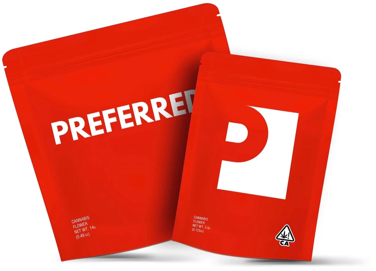 Preferred Gardens red half ounce and eighth cannabis flower bags, new at Terp Bros Astoria