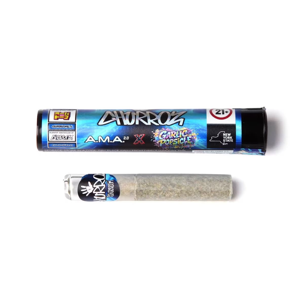 A.M.A. 2.0 x Garlic Popsicle hash hole preroll beside its Churroz tube, part of the Static Room 2g drop at both Terp Bros locations