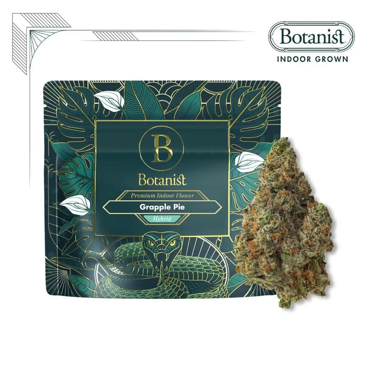 Botanist Grapple Pie premium indoor flower pouch in teal and gold beside a frosty hybrid bud, new at Terp Bros Astoria