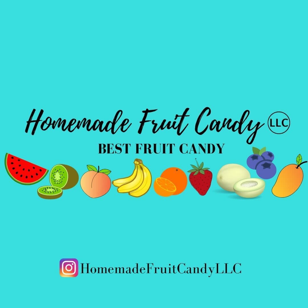 Homemade Fruit Candy LLC logo with watermelon, kiwi, peach, banana, orange, strawberry, melon, blueberry, and mango, sold at Neighborhood Deli in Ozone Park