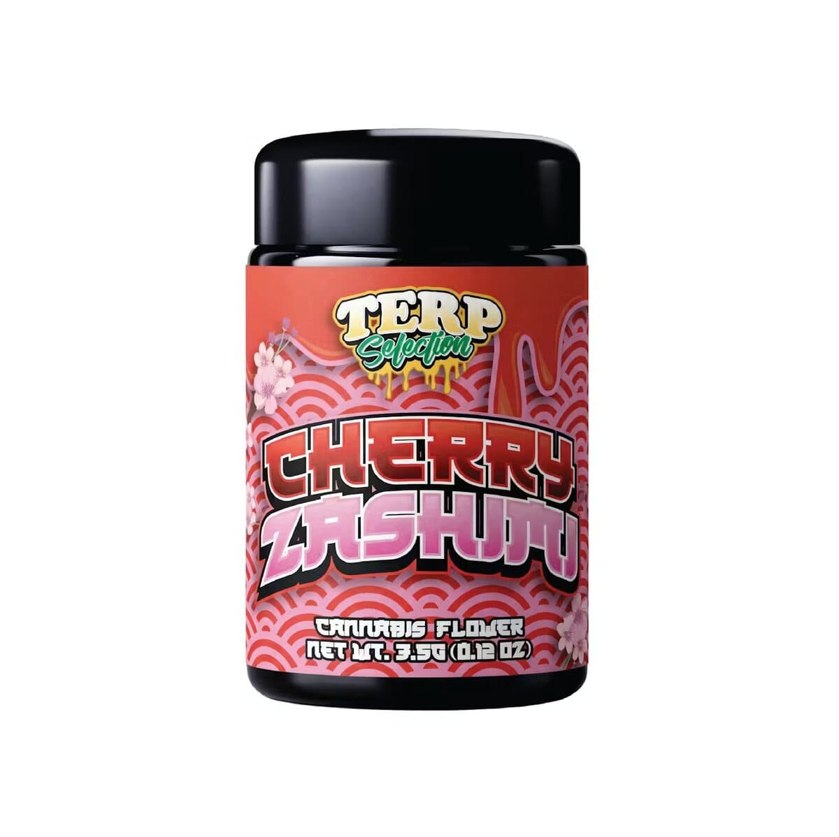 Terp Selection Cherry Zashimi 3.5g cannabis flower jar with a pink sakura wave label, new at both Terp Bros locations