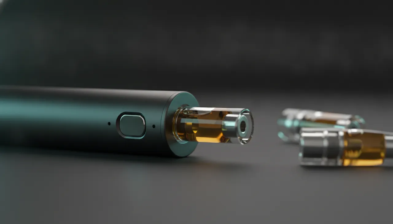 Macro of a PAX Era Pro vaporizer with a glowing amber cannabis oil pod and spare pods on a dark studio surface