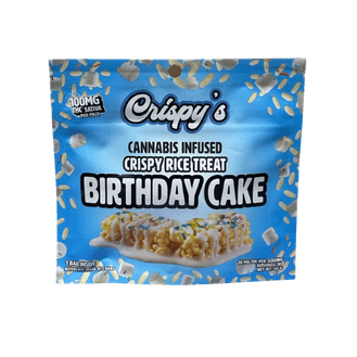 Crispy's Birthday Cake Bar 100mg THC infused crispy rice treat edible with frosting and sprinkles