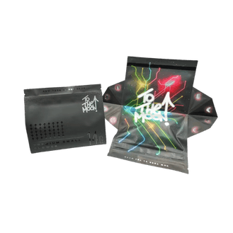 To The Moon cannabis flower half ounce mylar bags with graffiti To The Moon branding