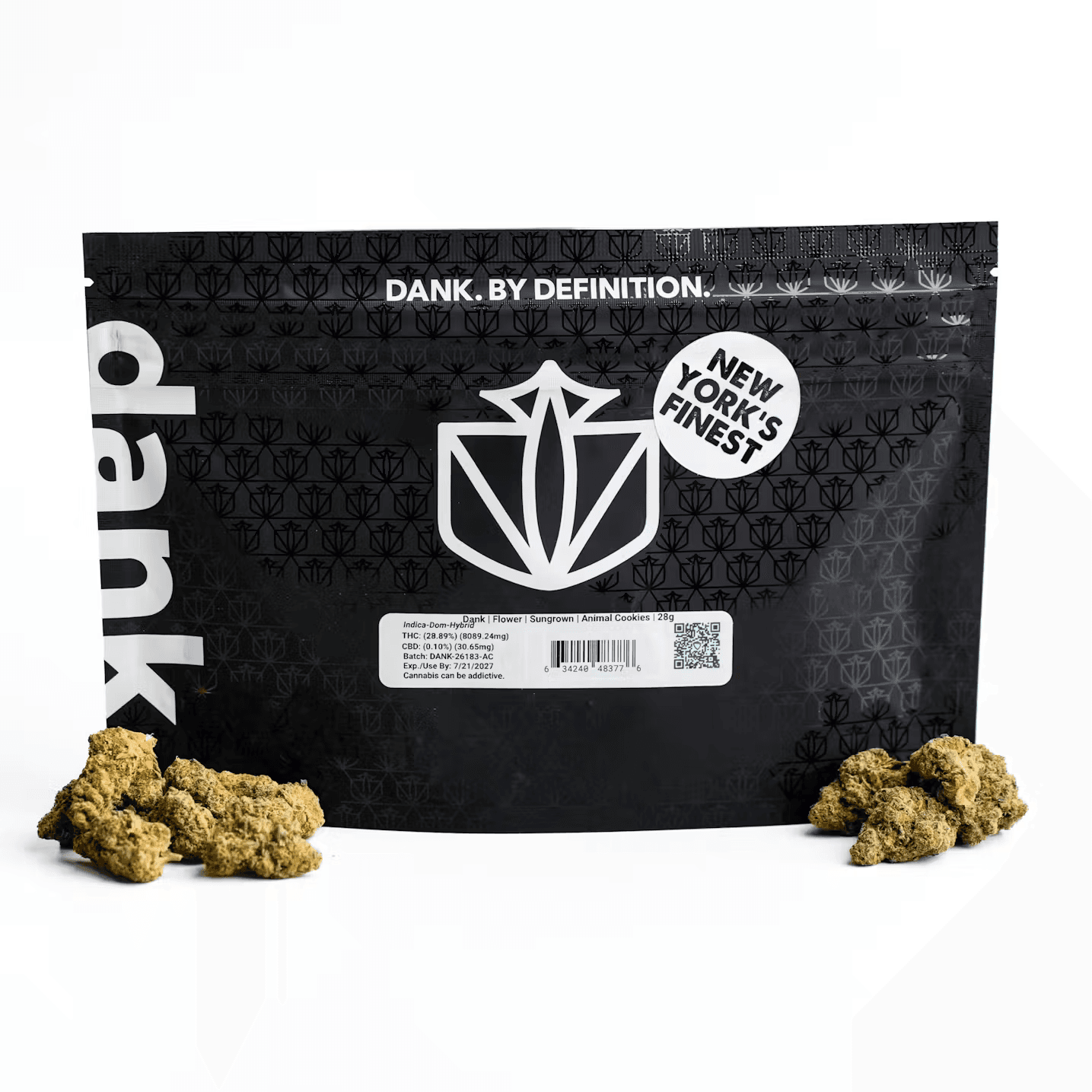 A black Dank By Definition sungrown flower ounce bag with the New York's Finest badge, surrounded by loose buds, one of the new full ounce options at Terp Bros Ozone Park
