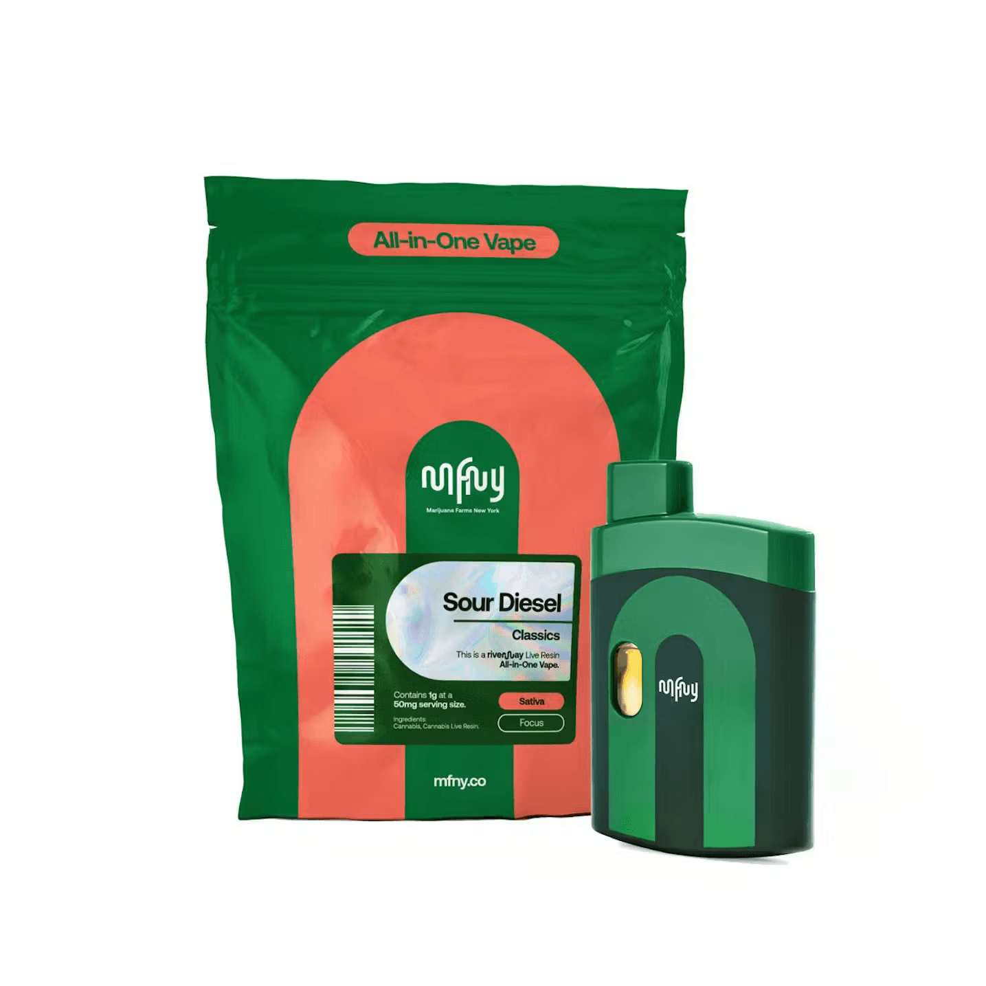 An MFNY Sour Diesel Classics live resin all in one vape in green and coral packaging next to the green disposable device, available at both Terp Bros locations
