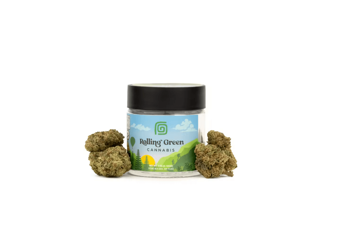 A Rolling Green Cannabis eighth jar with its illustrated green hillside label, surrounded by buds, part of the new strain drop at Terp Bros Astoria