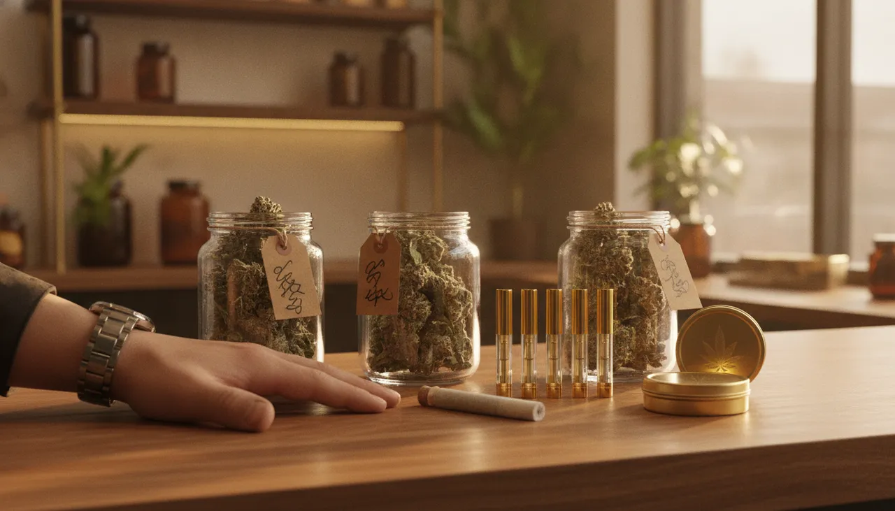 Budtender presenting a curated spring 2026 lineup of flower jars, vapes, pre-rolls and edibles on a warm Queens dispensary counter