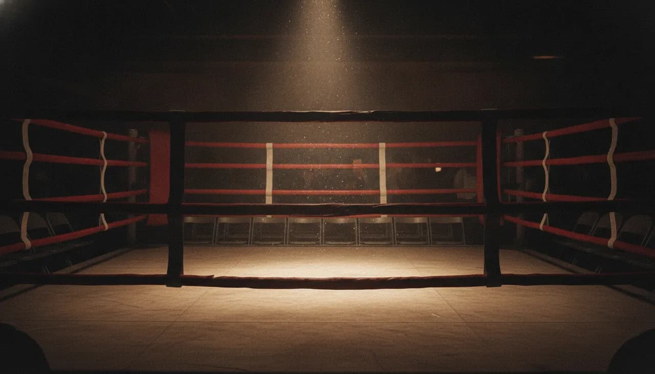 Empty boxing ring under a single dramatic spotlight in a dim Queens venue with chalk dust hanging in the light before fight night