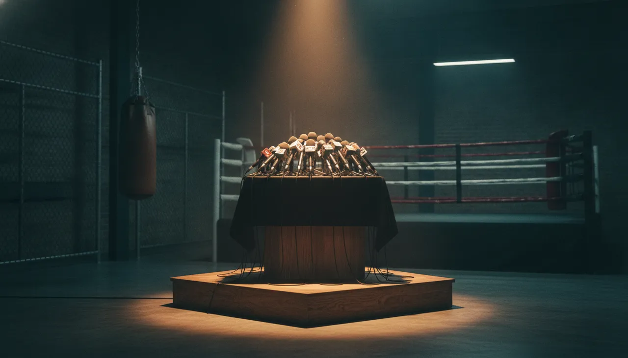 Moody Queens boxing gym press conference with a microphone dais under a spotlight and a ring in the background