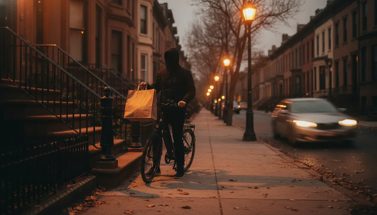 Cannabis delivery courier on an e-bike at a Queens brownstone stoop at dusk holding an insulated kraft bag
