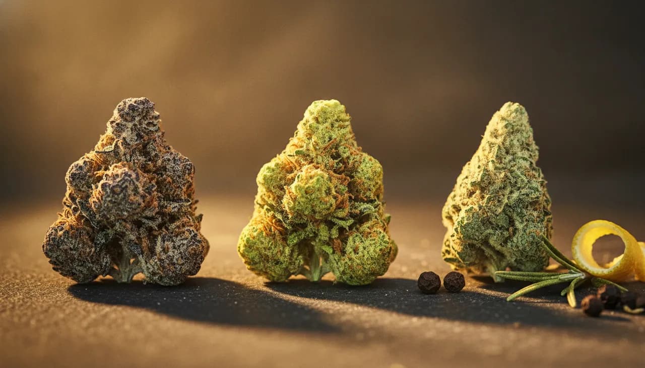 Macro of three cannabis buds on dark slate lit to illustrate myrcene, limonene and pinene terpene profiles with herbs and citrus peel
