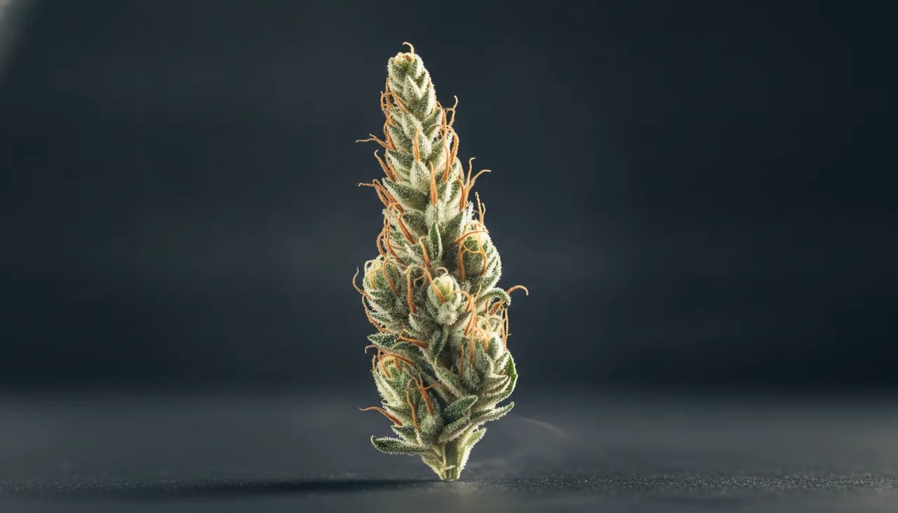 Macro of a tall pale sage-green AJ Sour Diesel sativa bud with long orange pistils and frosty gassy trichomes under cool sidelight on dark studio surface