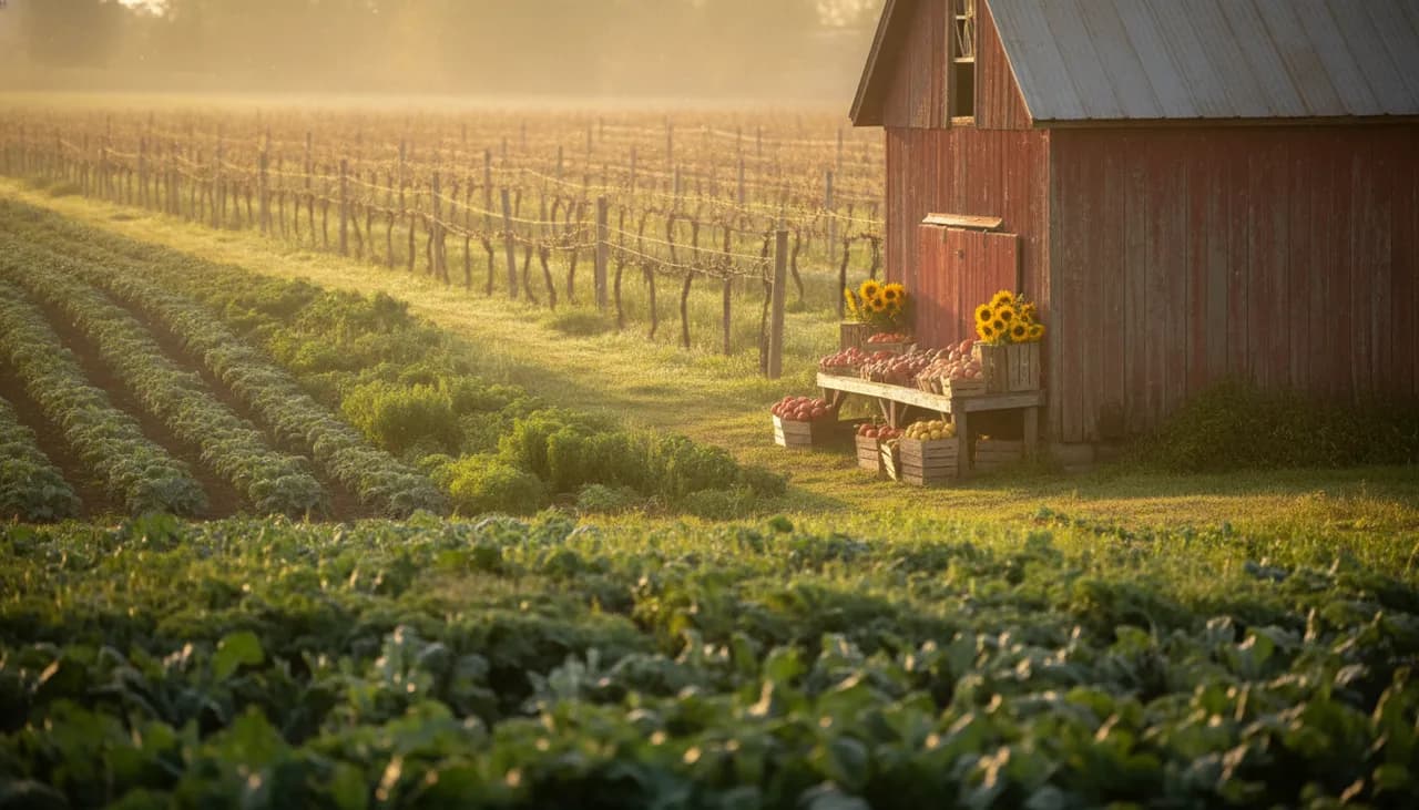 Golden-hour Riverhead Long Island farm with red barn, produce rows and a farm stand of crated heirloom vegetables