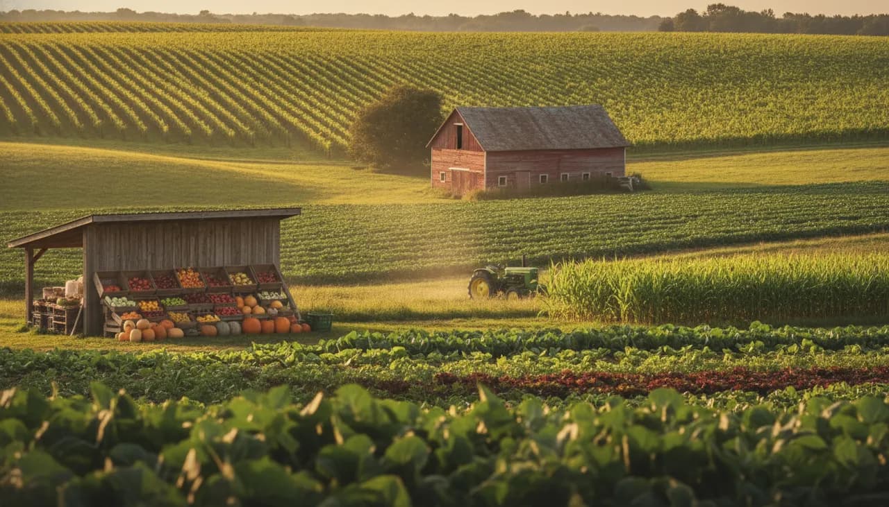 Golden-hour Riverhead farm with a red barn, produce stand, and vineyard rows stretching across Long Island fields