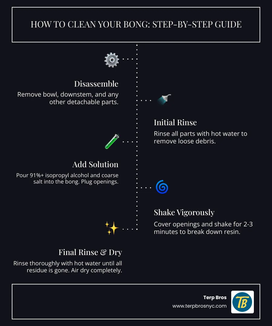 Infographic showing the step-by-step process of cleaning a bong, including disassembly, adding alcohol and salt solution, shaking, and thorough rinsing, with health warnings about dirty bong water and bacteria growth - how to clean a bonf infographic infographic-line-5-steps-dark