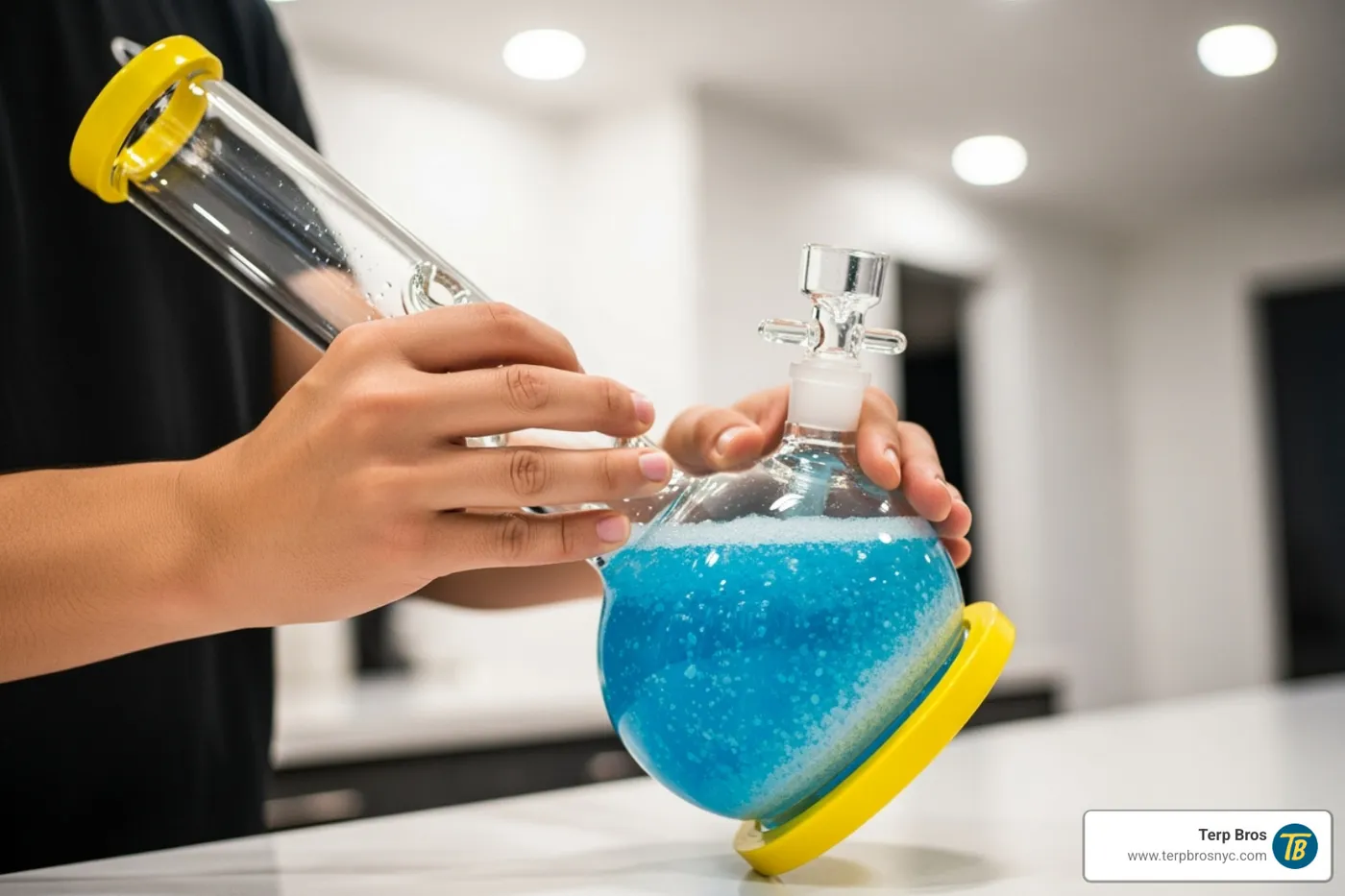 someone shaking a bong filled with cleaning solution (with plugs) - how to clean a bonf