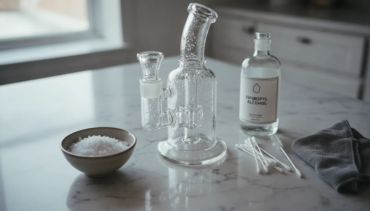Overhead flat-lay of a sparkling clean glass water pipe on marble with coarse salt, isopropyl alcohol, swabs and a brush