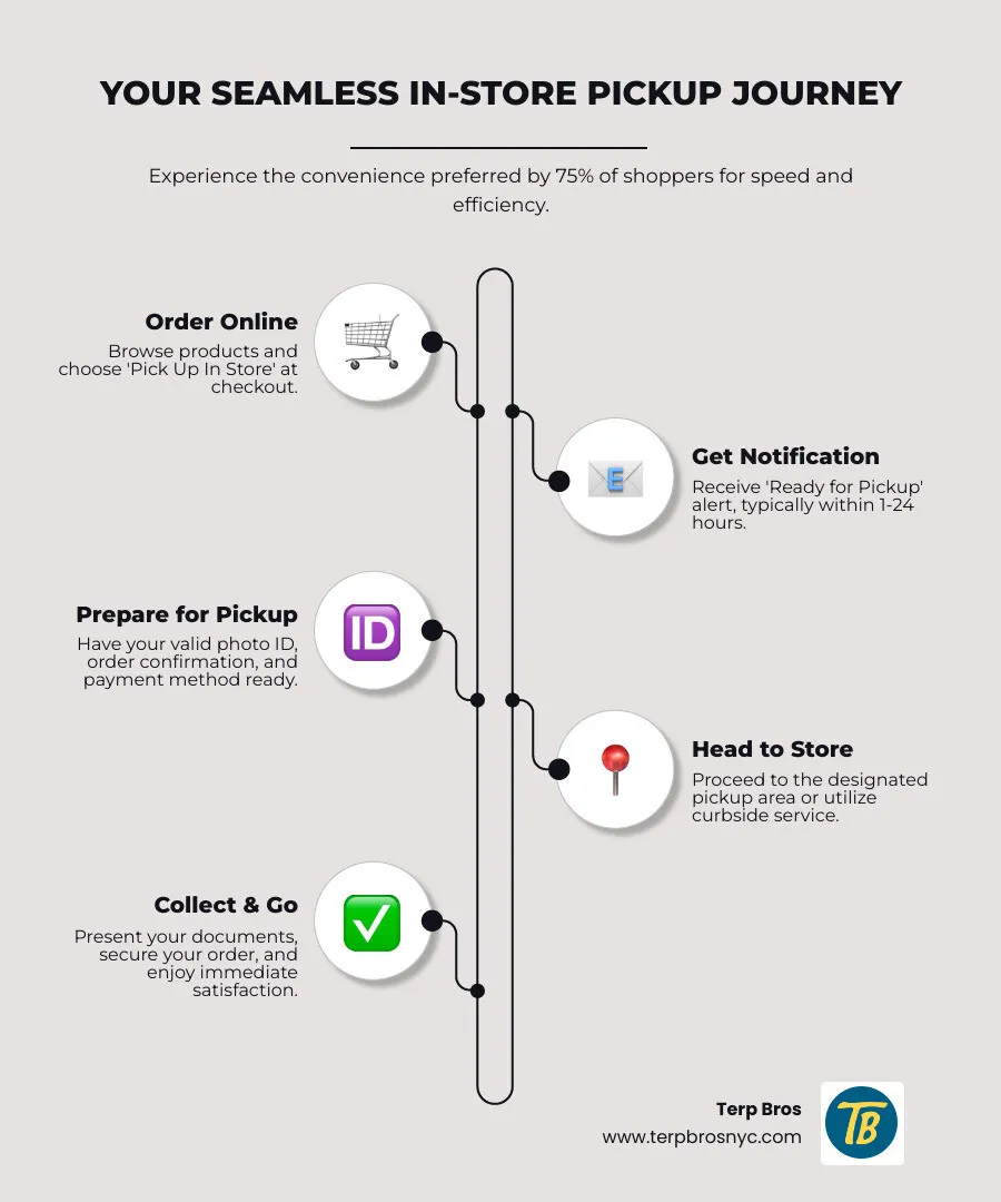 Infographic showing BOPIS process flow from online order to in-store pickup with statistics on customer preference rates and average pickup times - buy and pick up in store infographic infographic-line-5-steps-neat_beige