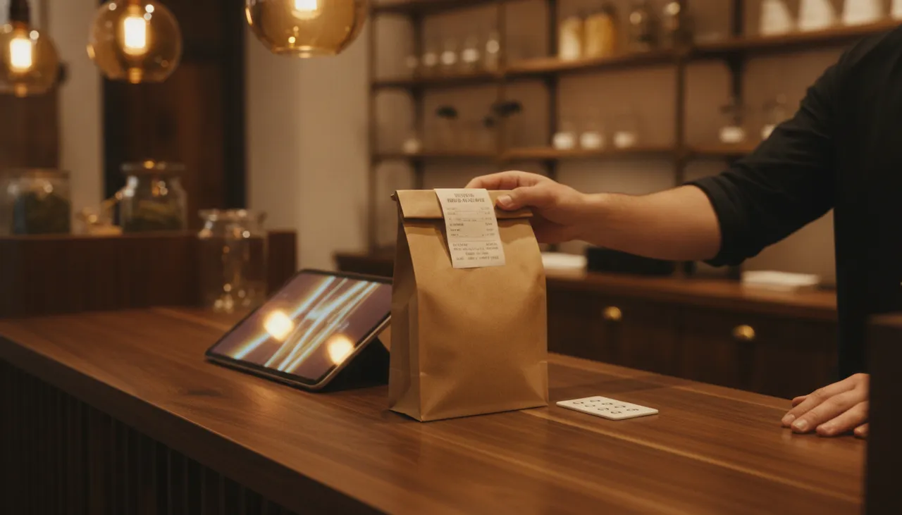 Sealed kraft exit bag with stapled receipt on a walnut Queens dispensary pickup counter under warm amber light