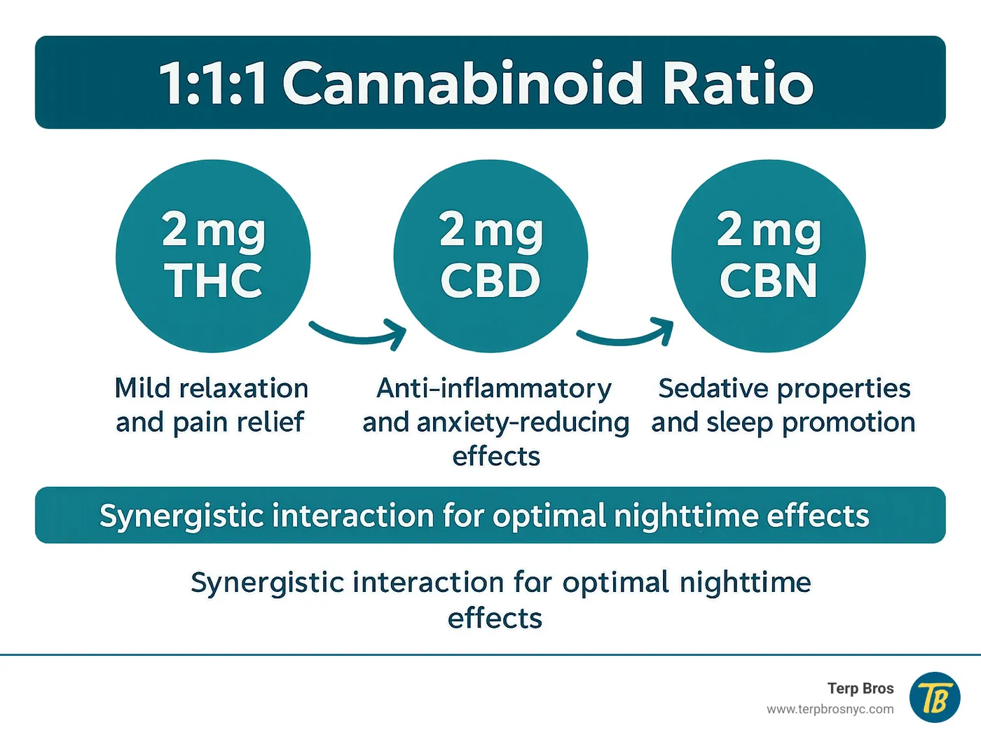 Infographic showing the 1:1:1 cannabinoid ratio breakdown: 2mg THC for mild relaxation and pain relief, 2mg CBD for anti-inflammatory and anxiety-reducing effects, and 2mg CBN for sedative properties and sleep promotion, with arrows indicating their synergistic interaction for optimal nighttime effects - blackberry lemonade pearls infographic
