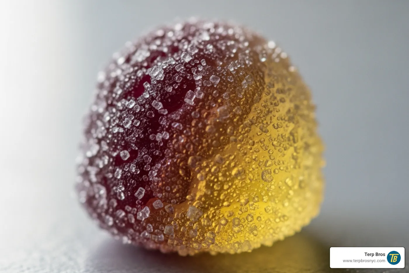 close-up shot showing the sugar-coated texture of a pearl gummy - blackberry lemonade pearls
