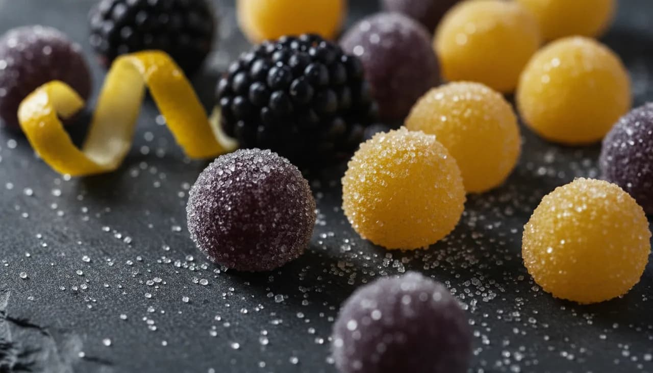 Macro of purple and yellow sugar-coated Blackberry Lemonade cannabis pearls with fresh blackberries and lemon on dark slate