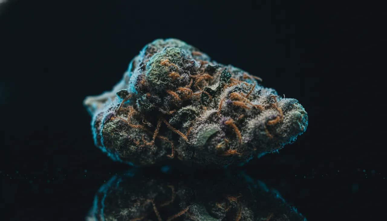 Macro shot of a dense forest-green Skywalker indica bud with purple undertones and frosty trichomes under cool blue rim light on black