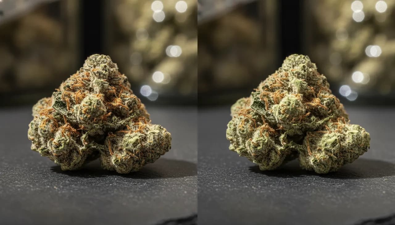 Macro side-by-side of a frosty hand-trimmed small-batch cannabis bud and a paler uniform mass-market bud on dark slate under dramatic light