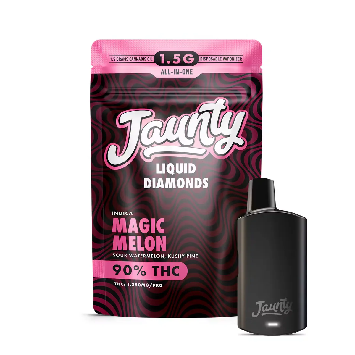 A Jaunty Liquid Diamonds 1.5 gram all-in-one disposable vape in black, standing in front of its pink and black swirl pouch, at Terp Bros Astoria