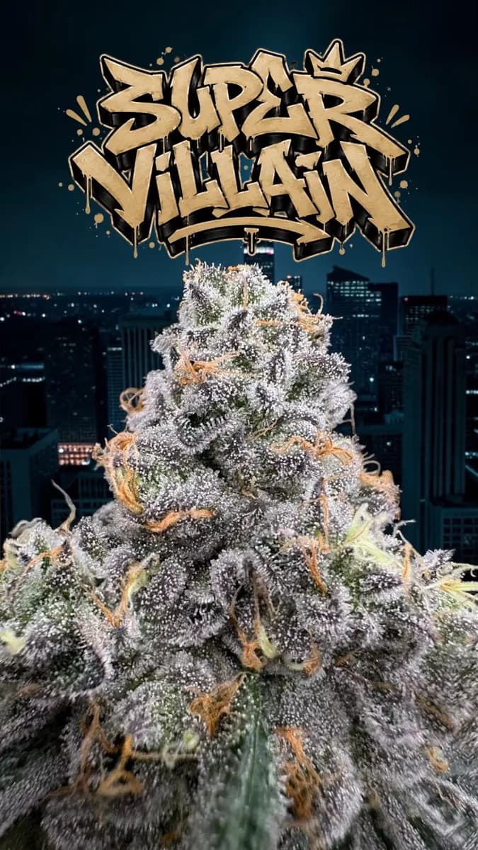 A frosty Super Villain bud from The Kollector x Sensei, covered in trichomes and orange hairs under gold graffiti lettering against a night city skyline